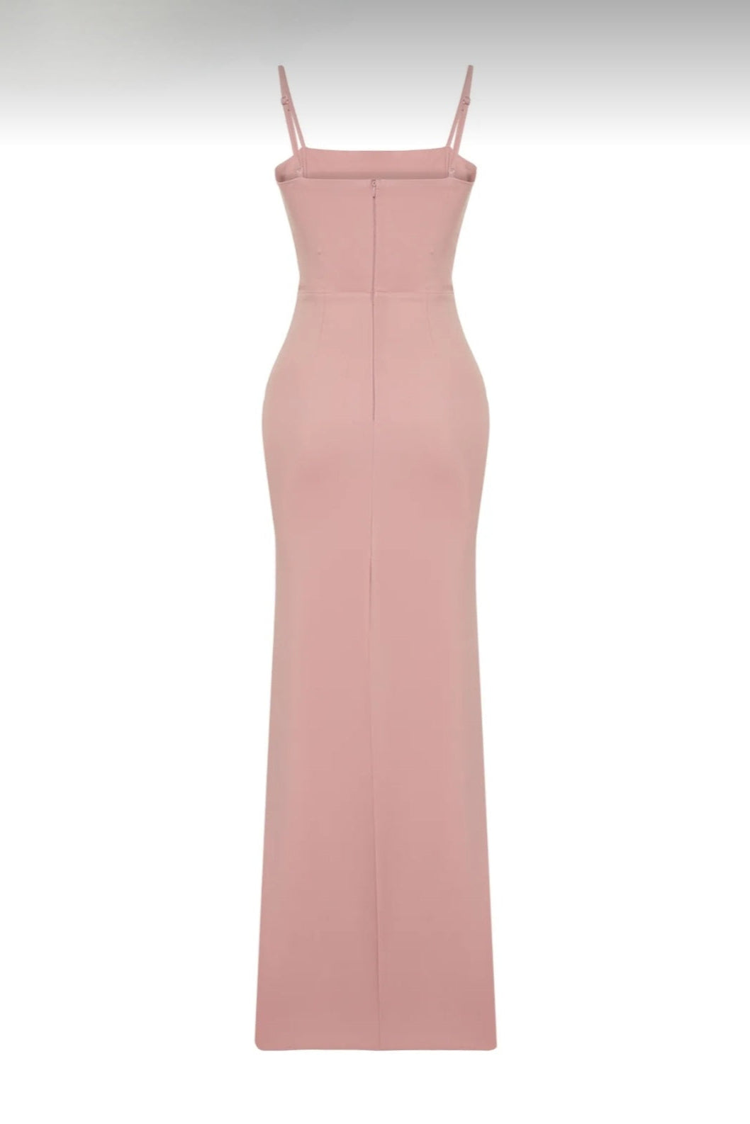 Long pink dress with side slit and fitted design