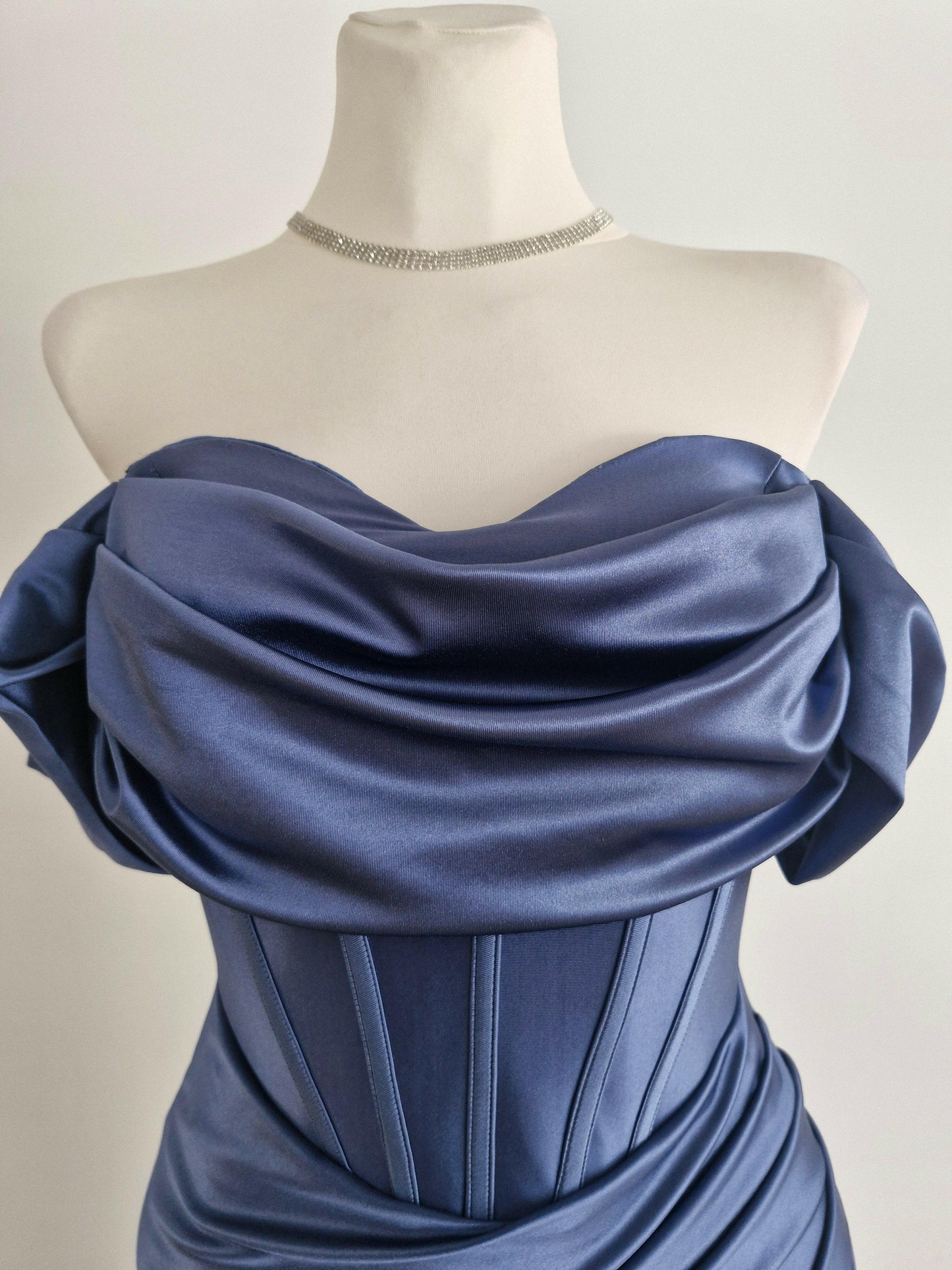Long guest dress with corset and bardot neckline