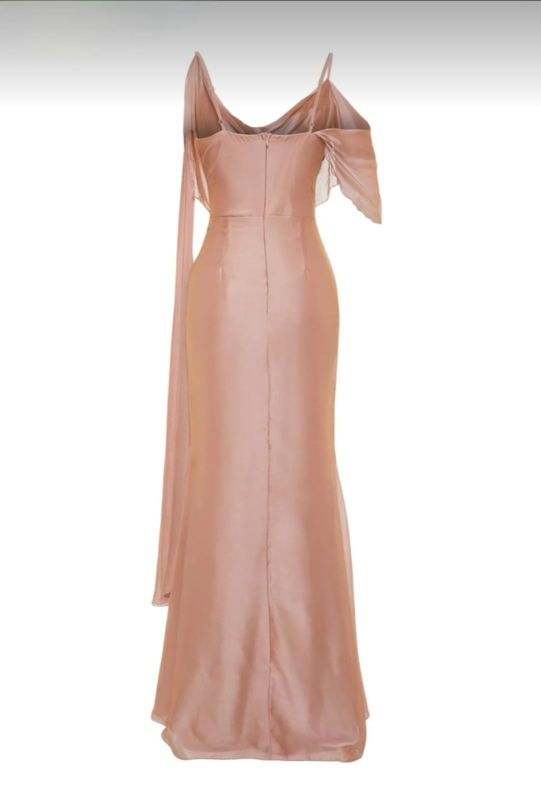 Dusty pink dress with cape on one sleeve and draped neckline