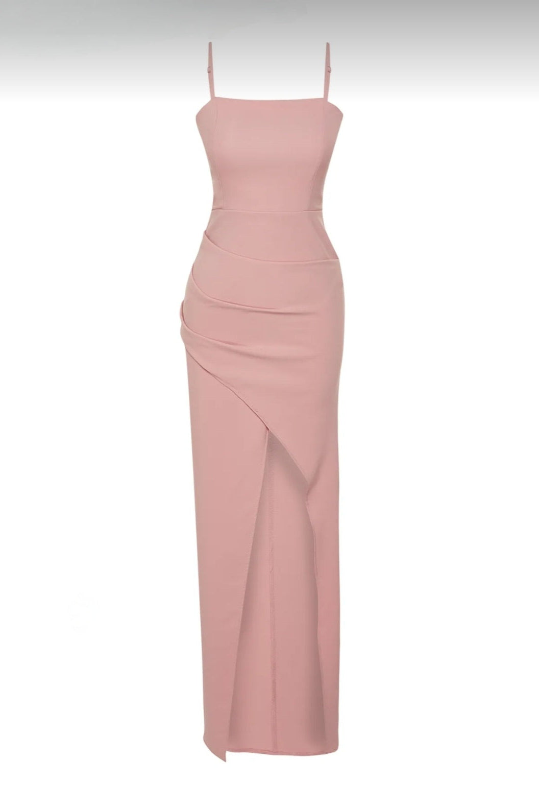 Long pink dress with side slit and fitted design