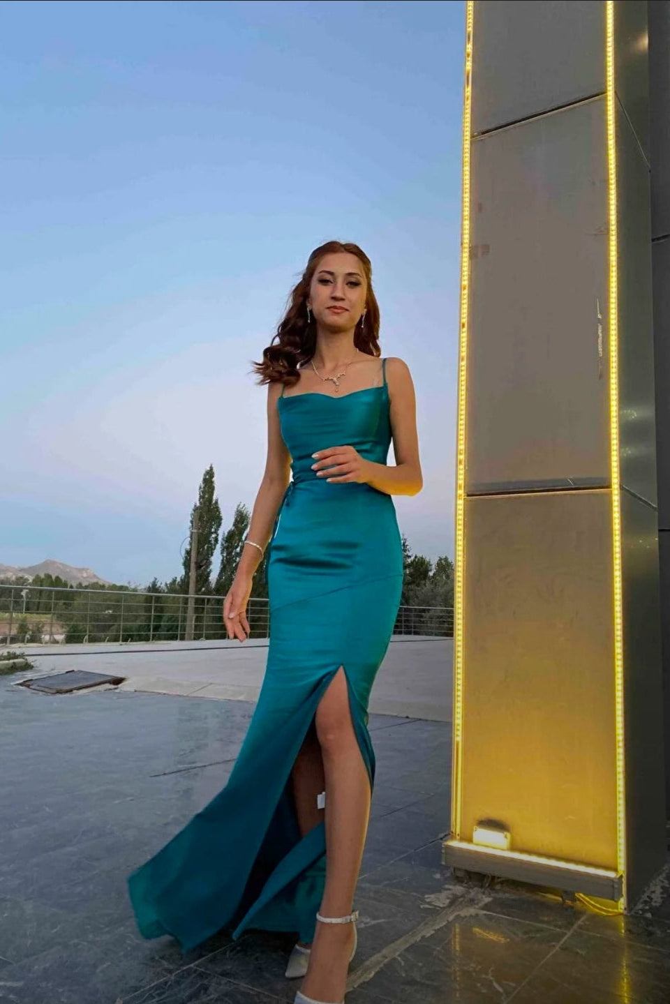 Long turquoise party dress