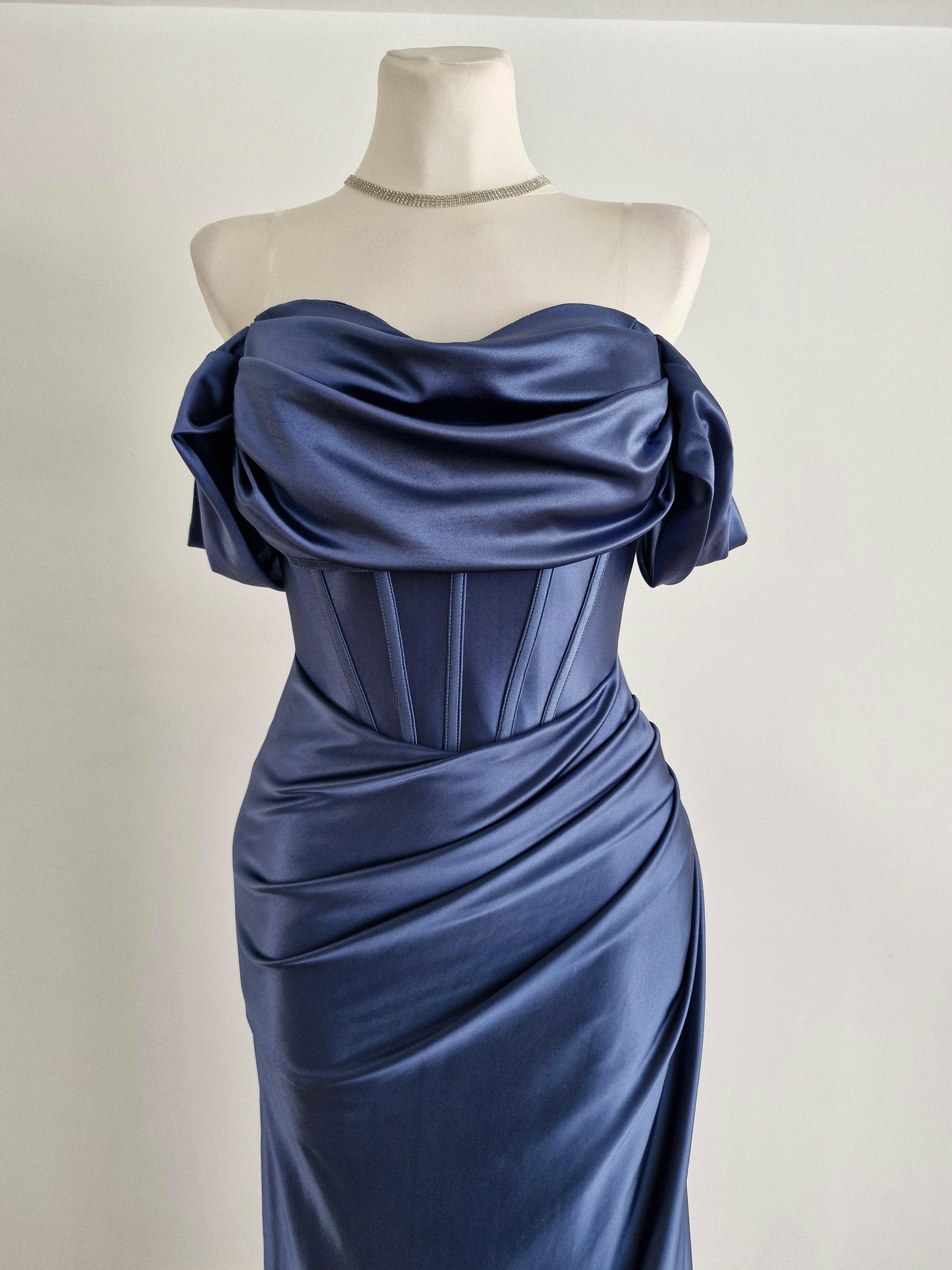Long guest dress with corset and bardot neckline