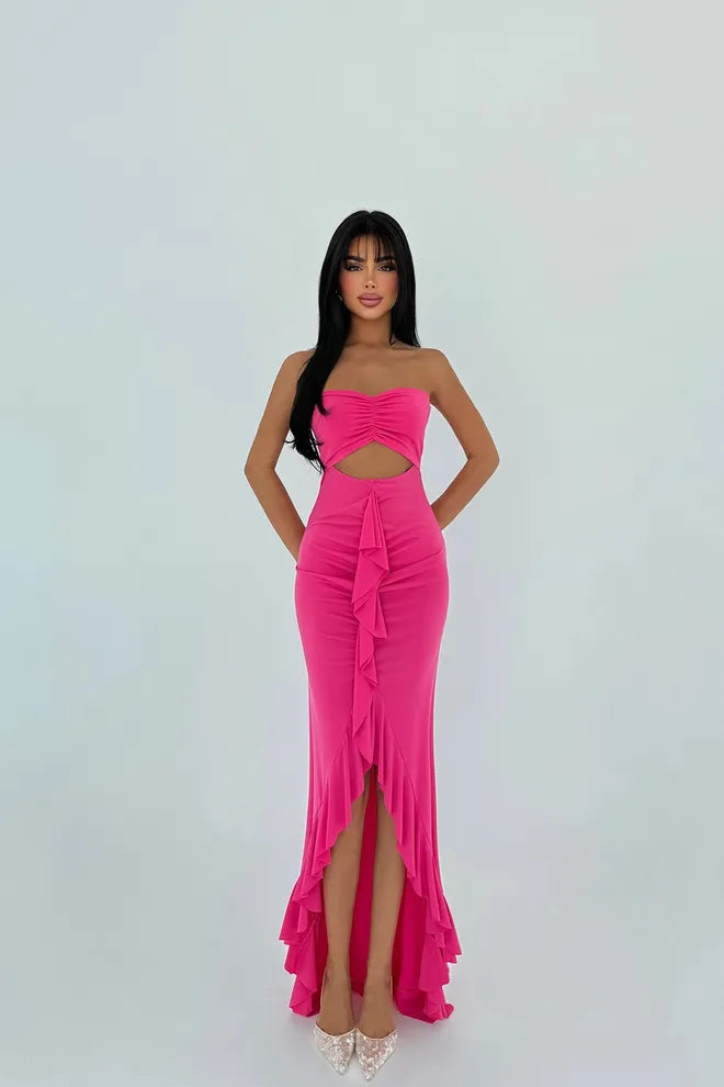 asymmetrical fuchsia party dress with ruffles