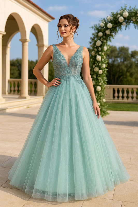 long blue tulle godmother dress