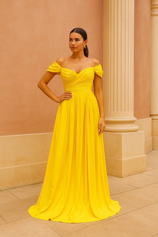 Long yellow guest dress with bardot neckline
