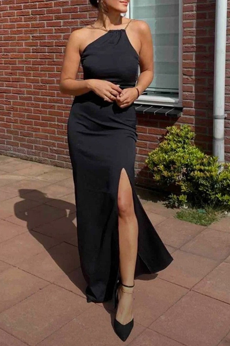Long black party dress with slit