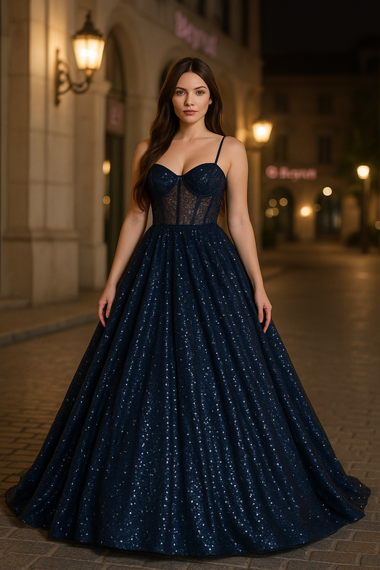 Blue evening dress with corset and tulle fabric