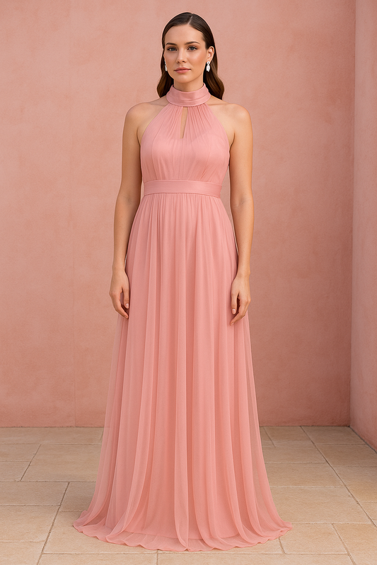 Long tulle party dress with halter neckline