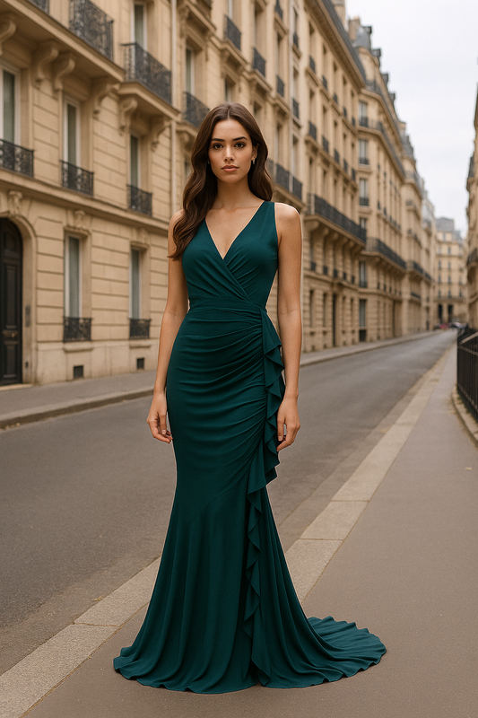 Long guest dress with ruffle detail