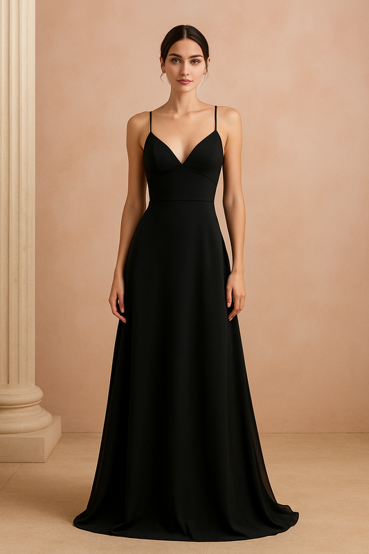 Long black dress with chiffon fabric and V-neckline