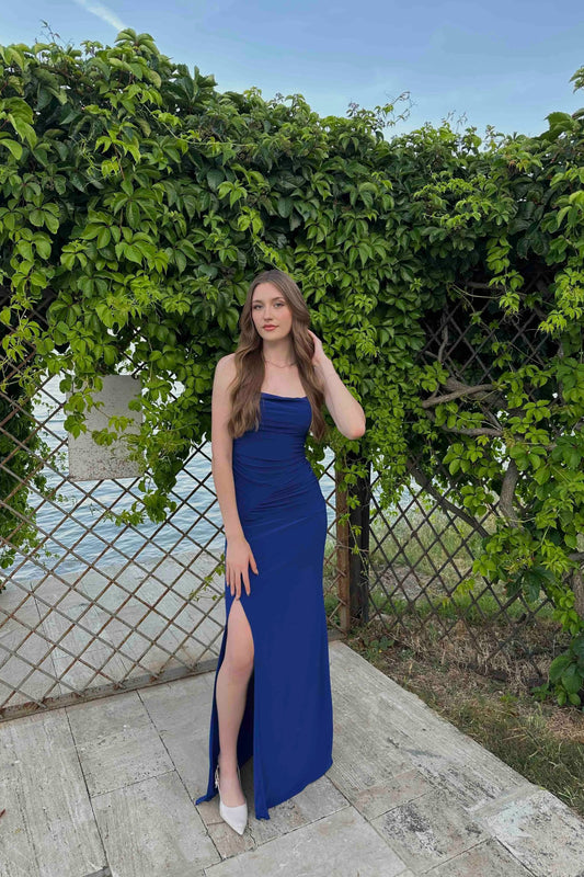Flattering klein blue dress with slit and gathered back