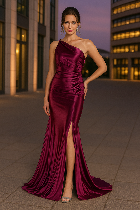 Long asymmetrical satin evening dress with side slit