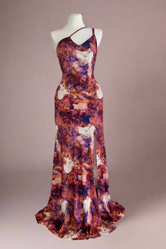 Long printed dress with asymmetrical neckline