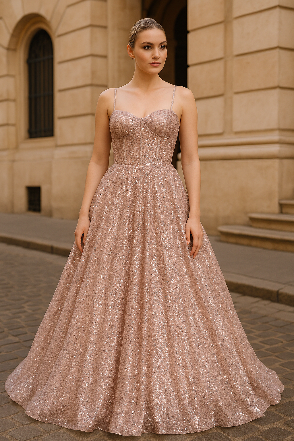 Pink princess-cut dress with corset and sequins