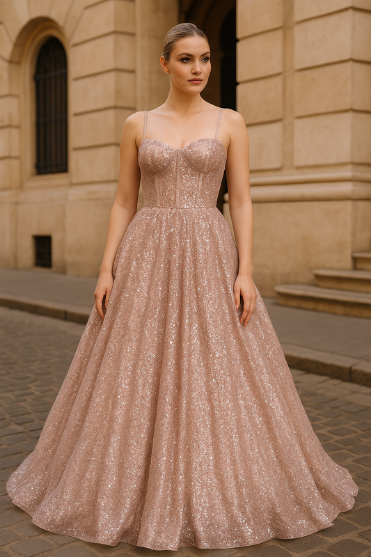 Pink princess-cut dress with corset and sequins