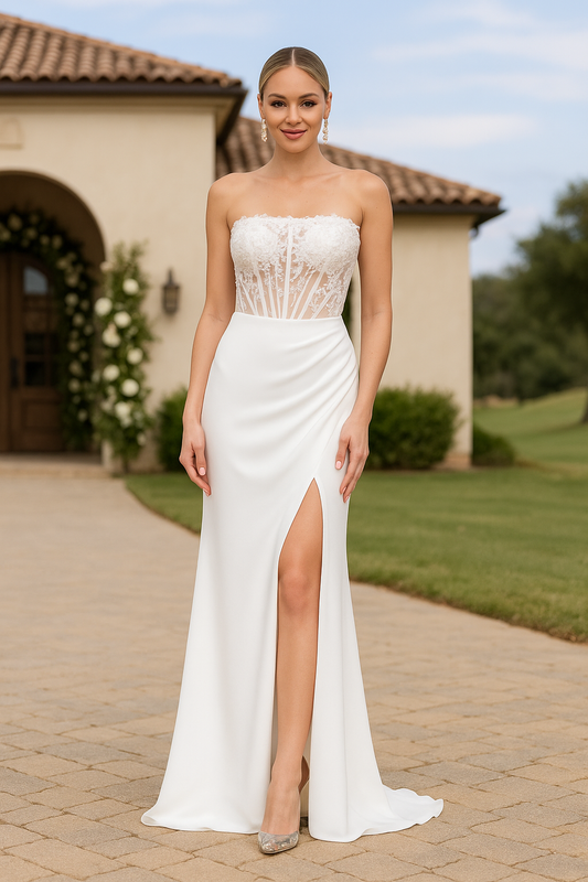 Strapless wedding dress with corset and slit