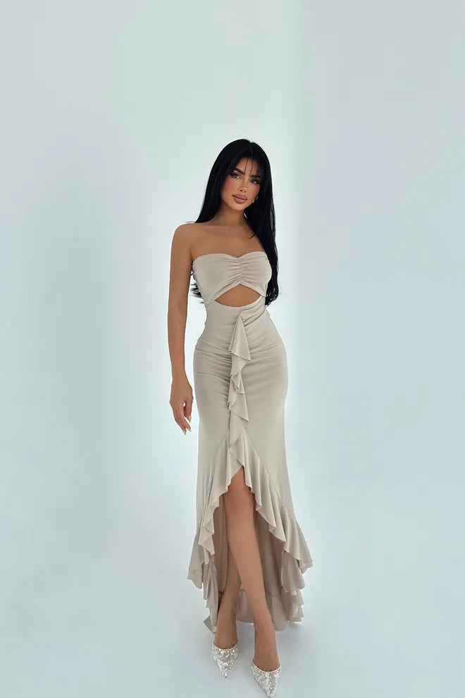 Beige party dress with ruffle design