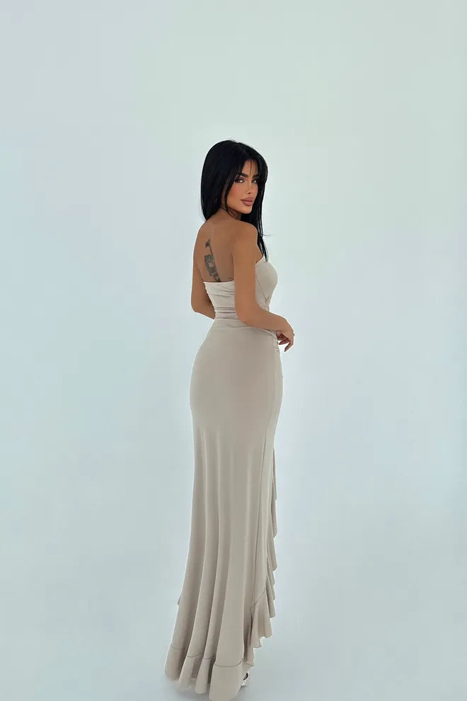 Beige party dress with ruffle design