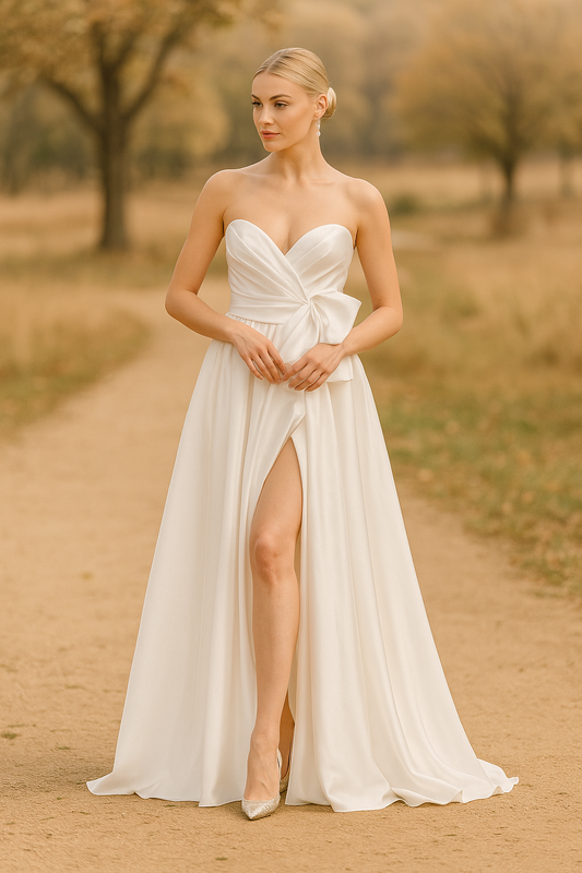 Strapless wedding dress with bow detail