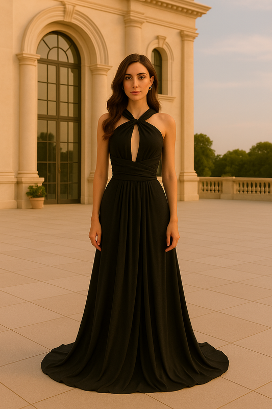 Long black party dress with elegant neckline for guests
