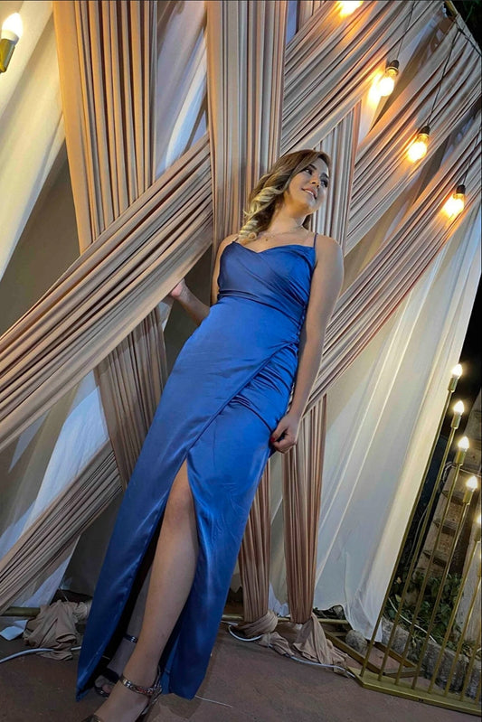 Blue satin guest dress with decorative buttons