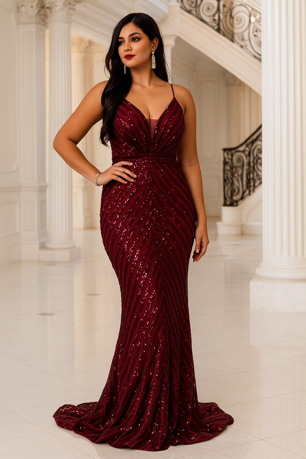 Vestido burdeos largo de lentejuelas con escote