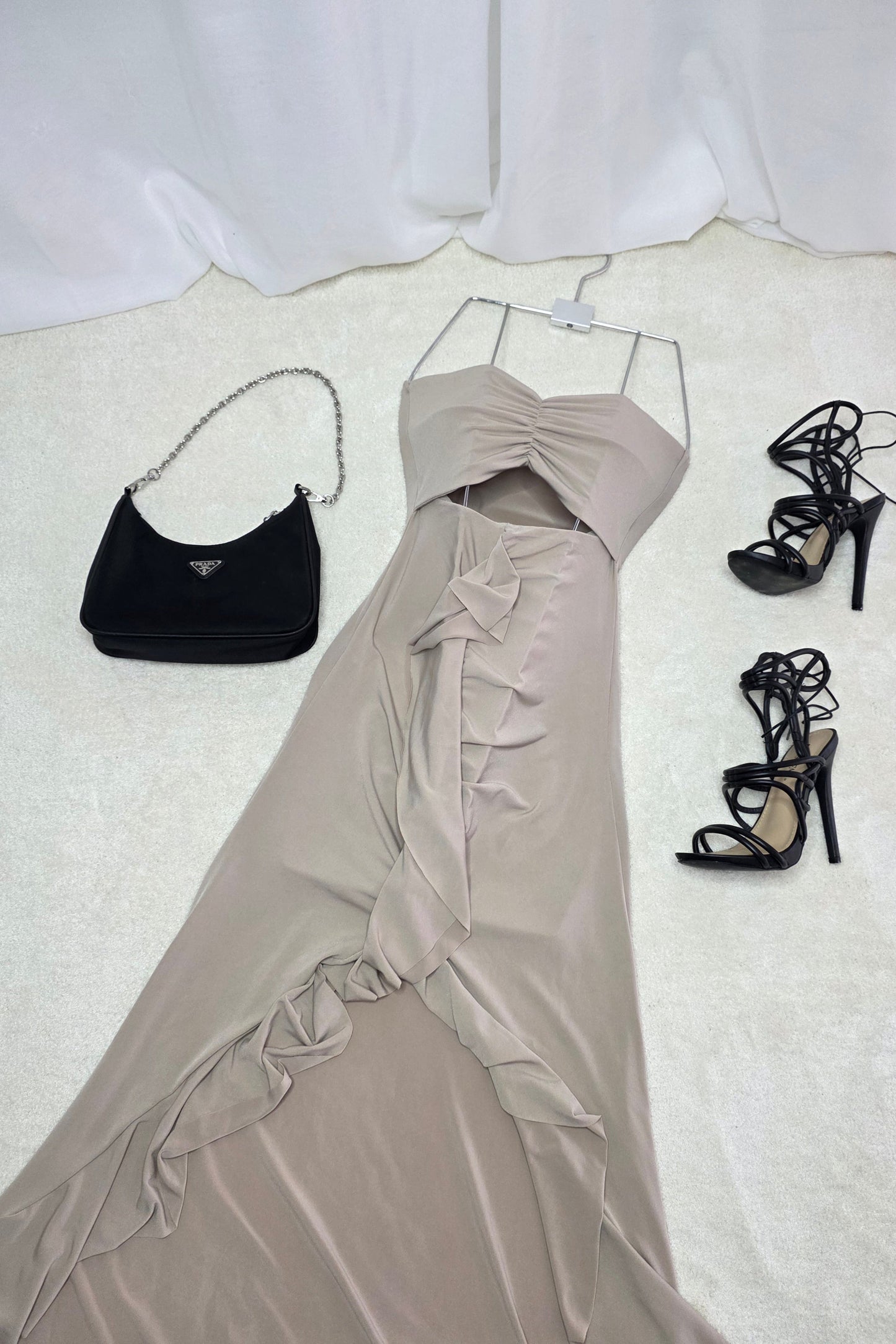 Beige party dress with ruffle design