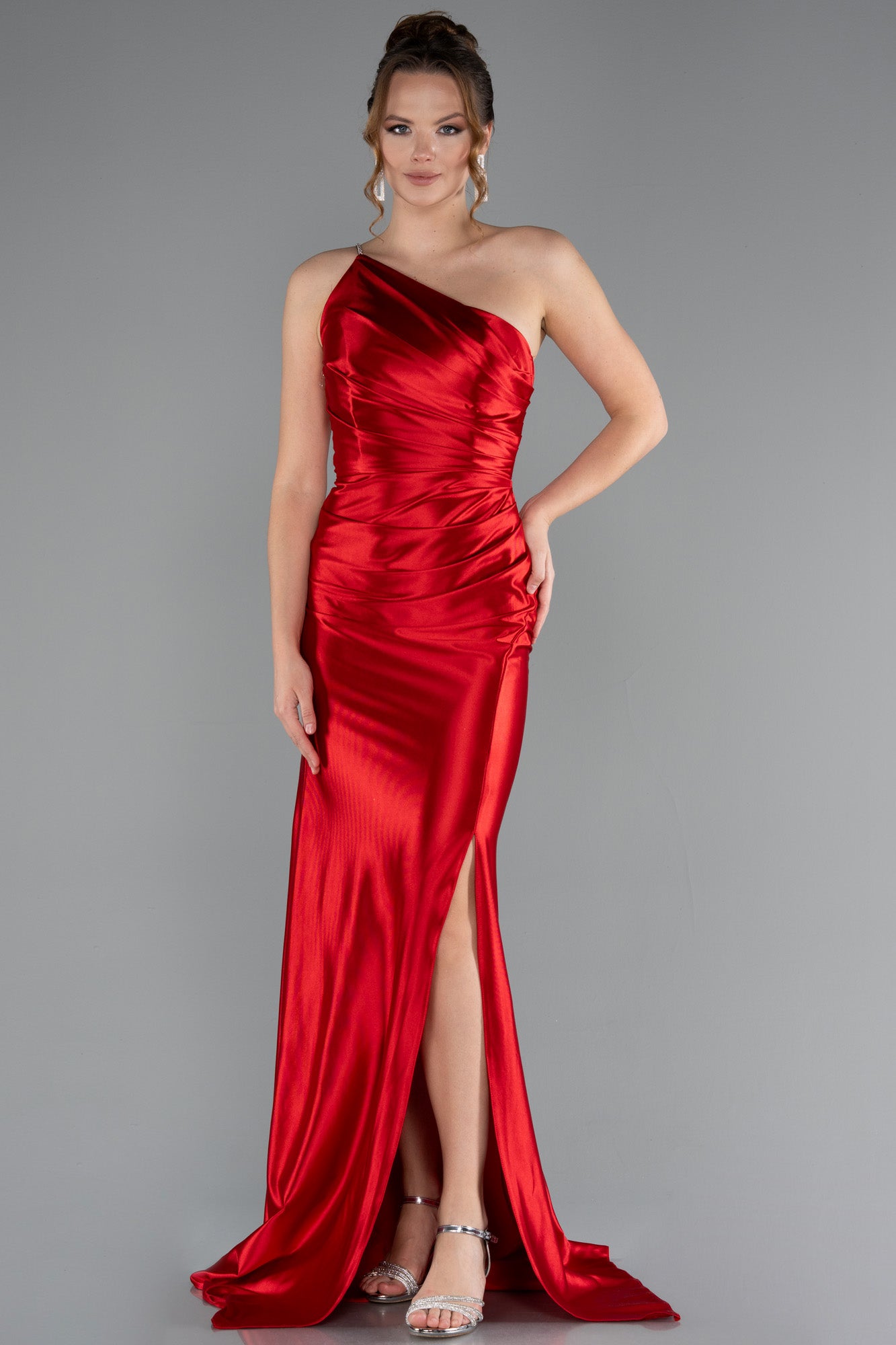 Long asymmetrical satin evening dress with side slit